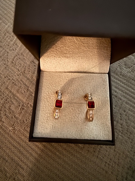 1928 Jewelry - Vintage 1928 Gold-Tone Earrings with Deep Red Square Stones and Clear Crystals